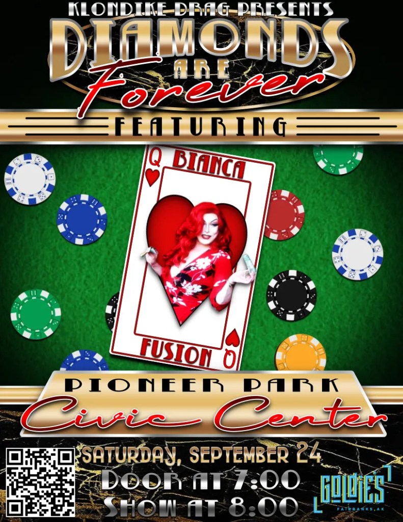Advertisement for Klondike Drag's "Diamonds are Forever" drag show and tribute to drag pioneer Michelle Diamond